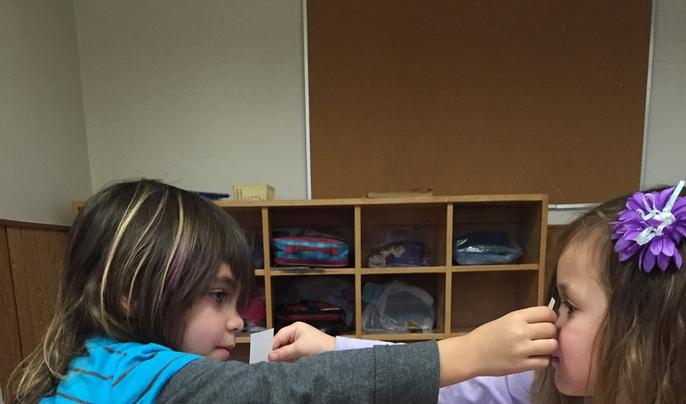 Two children working together in a Montessori classroom